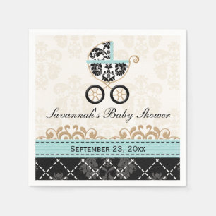 Eggshell Blue Damask Carriage Baby shower Servetten