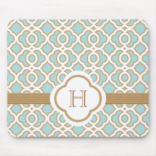 Eggshell Blue en Gold Moroccan Monogrammed Muismat (Voorkant)