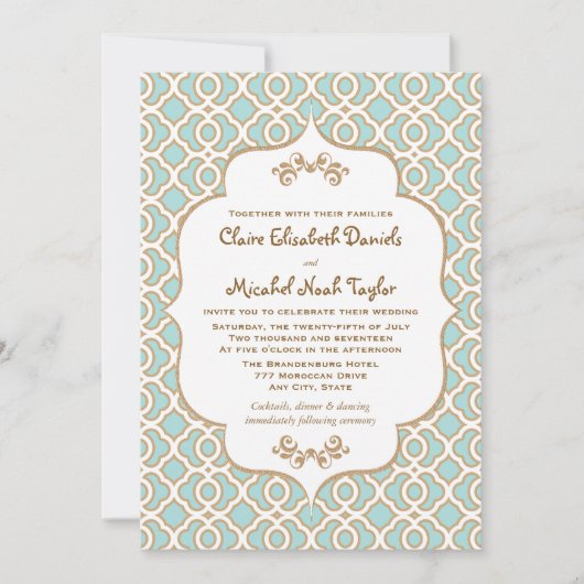 Eggshell Blue en Gold Moroccan Wedding Invitation Kaart (Voorkant)