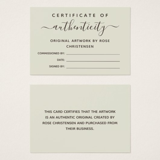 Eggshell Brown Script Certificate of Authenticity Visitekaartje (Voorkant /achterkant)