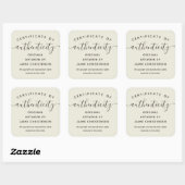 Eggshell Chic Script Certificaat van echtheid Vierkante Sticker (Vel)