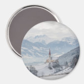 Église à Zillertal en hiver aimant rond (Recto/Verso)