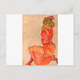 Egon Schiele - neeling Vrouw in Oranje rode dress Briefkaart
