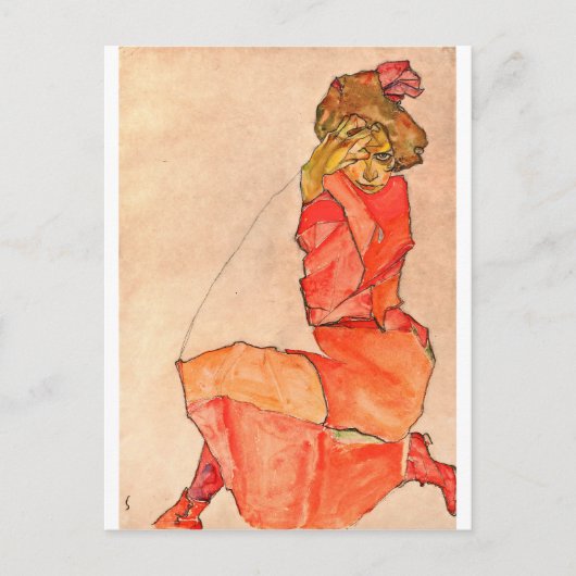 Egon Schiele - neeling Vrouw in Oranje rode dress Briefkaart (Voorkant)