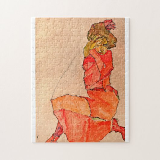 Egon Schiele - neeling Vrouw in Oranje rode dress Legpuzzel (Verticaal)