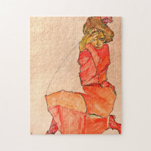 Egon Schiele - neeling Vrouw in Oranje rode dress Legpuzzel