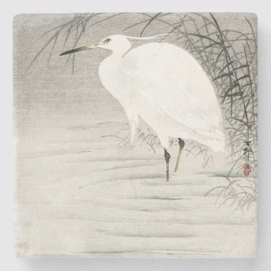 Egret Asian Art Coastal Bird Stenen Onderzetter (Voorkant)