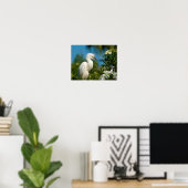 Egret neigeux avec fleurs Imprimer ou poster (Bureau à domicile)