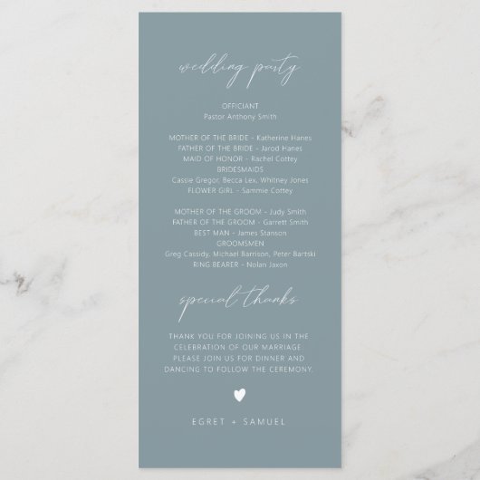 EGRET Slate Blue Waterverf Pines Wedding Programme Menu (Achterkant)