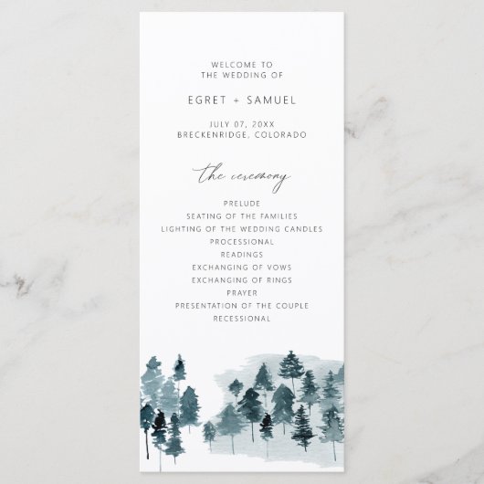 EGRET Slate Blue Waterverf Pines Wedding Programme Menu (Voorkant)