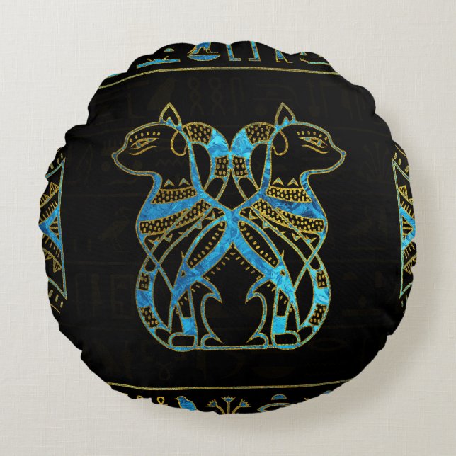 Egyptisch kattengoud en blauw gekleurd glas rond kussen (Voorkant)