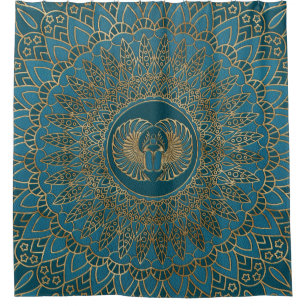 Egyptisch Scarab Beetle Gold op Blauwgroen leder Douchegordijn