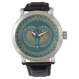 Egyptisch Scarab Beetle Gold op Blauwgroen leder Horloge