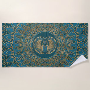 Egyptisch Scarab Beetle Gold op Blauwgroen leder Strandlaken