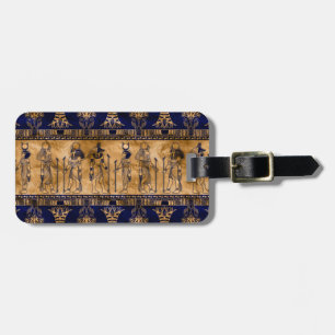 Egyptische goden en ornamentegrens - blauw goud bagagelabel