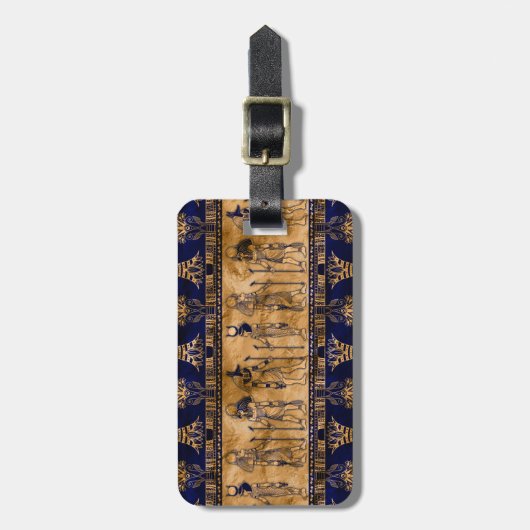 Egyptische goden en ornamentegrens - blauw goud bagagelabel (Voorkant verticaal)