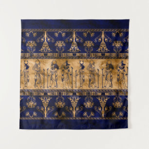 Egyptische goden en ornamentegrens - blauw goud wandkleed
