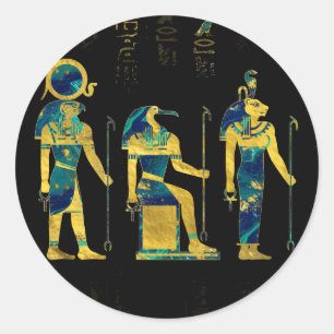Egyptische godheden op hiërogliefen goud en marmer ronde sticker