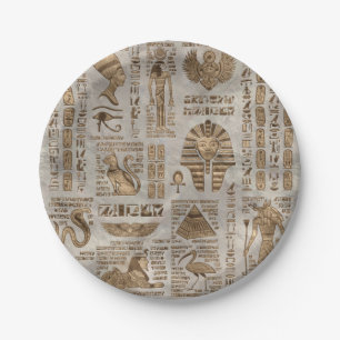 Egyptische hiërogliefen en deities - Vintage Goud Papieren Bordje