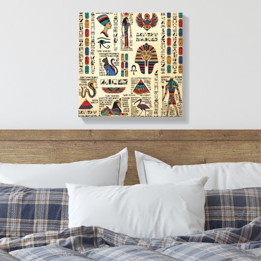 Egyptische hiërogliefen en godheden op papyrus canvas afdruk (Insitu (Slaapkamer))