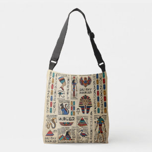 Egyptische hiërogliefen en godheden op papyrus crossbody tas