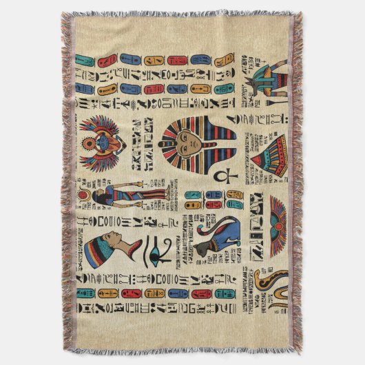 Egyptische hiërogliefen en godheden op papyrus deken (Voorkant Verticaal)