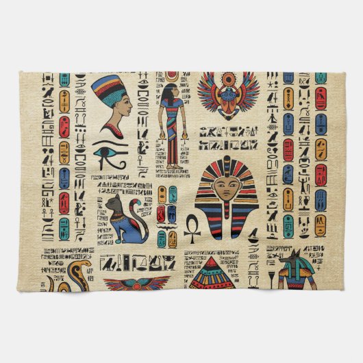Egyptische hiërogliefen en godheden op papyrus theedoek (Horizontaal)