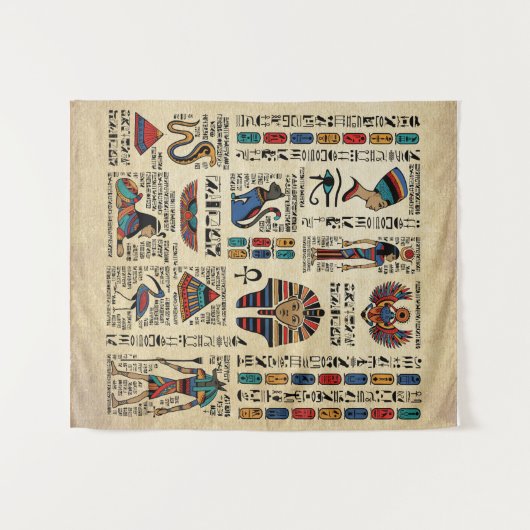 Egyptische hiërogliefen en godheden op papyrus wandkleed (Voorkant (horizontaal))