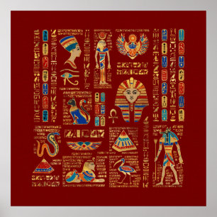 Egyptische hiërogliefen en oudheden in rood poster