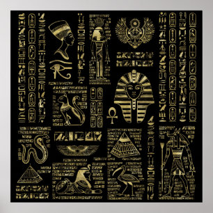 Egyptische hiërogliefen en oudheden in zwart goud poster
