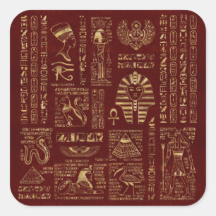 Egyptische hiërogliefen en symbolen rood leder vierkante sticker