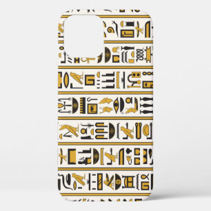 Egyptische hiërogliefen: geel-zwart naadloos. iPhone 12 hoesje