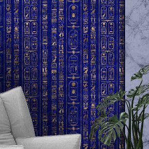 Egyptische hiërogliefen patroon Gold Lapis Lazuli Behang