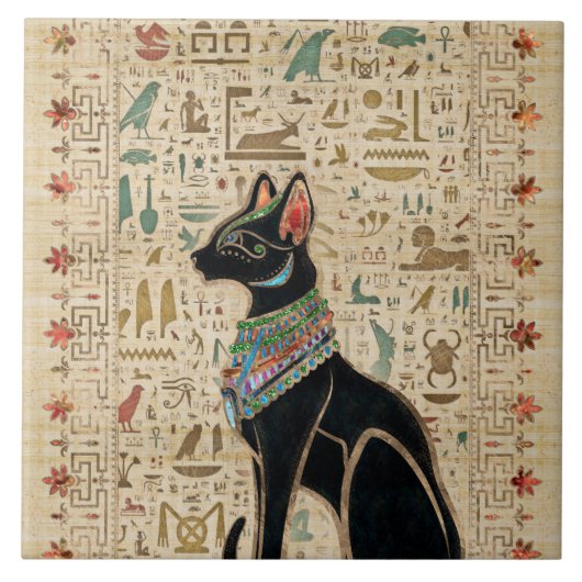 Egyptische kat - Bastet op papyrus Tegeltje (Voorkant)