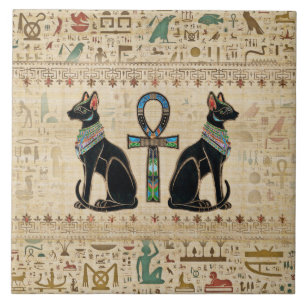 Egyptische katten en ankhkruis tegeltje