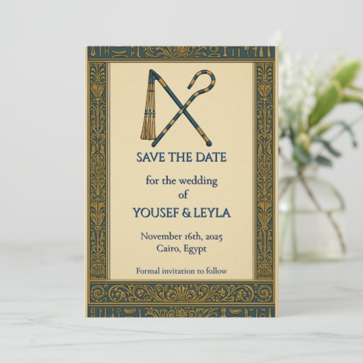 Egyptische kromstaf & vlegel Gouden save-the-date Save The Date (Staand voorkant)