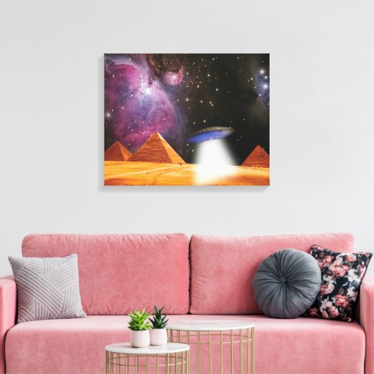 Egyptische Pyramids Giza ontmoeten ruimte en UFO Canvas Afdruk (Insitu (Woonkamer))