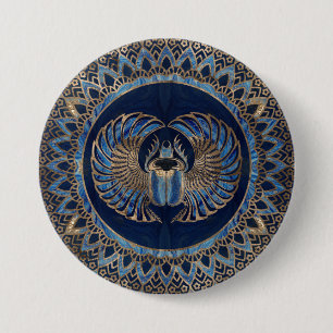 Egyptische Scarab Beetle Gold en Blauwe marmer Ronde Button 7,6 Cm