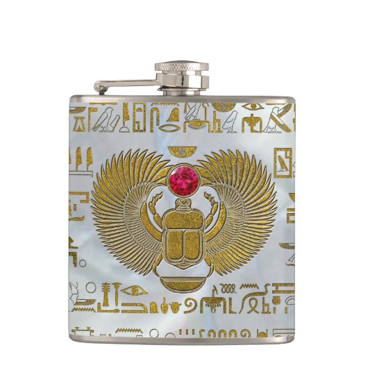 Egyptische Scarab Beetle Gold en Ruby Stone Heupfles (Voorkant)
