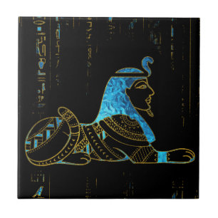 Egyptische Sphinx over hiërogliefen Blue crystal Tegeltje