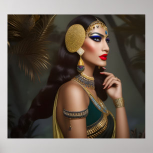 Egyptische vrouw Exotische gouden groene jurk blau Poster