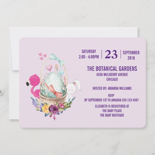 Ei in een mandje met Flamingo en Bunny Shower Kaart (Achterkant)