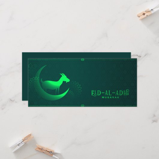 Eid al Adha Mubarak Geit Halve Maan Groen Patroon Kaart (Voorkant / Achterkant in situ)