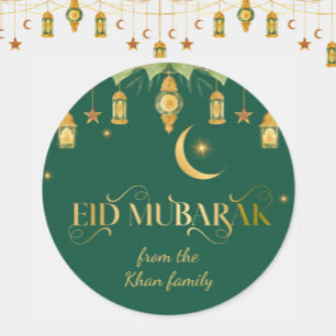 Eid Mubarak Aangepaste Naam Elegante Moderne Groen Ronde Sticker