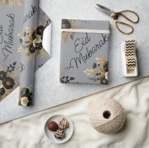 Eid Mubarak Bloemen Zwart Goud Script grijs Cadeaupapier