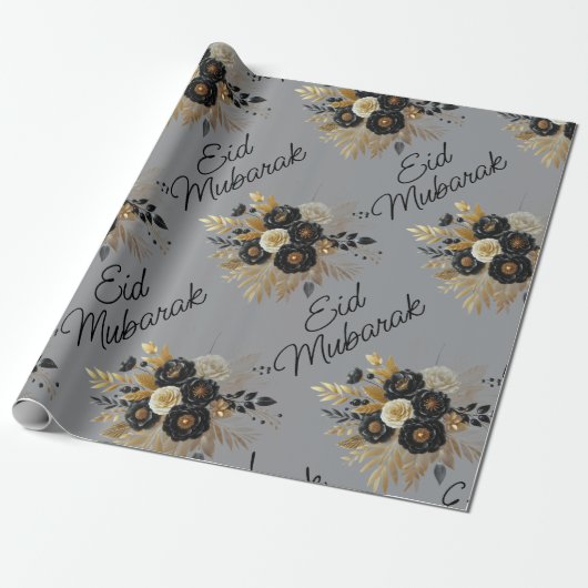 Eid Mubarak Bloemen Zwart Goud Script grijs Cadeaupapier (Uitgerold)