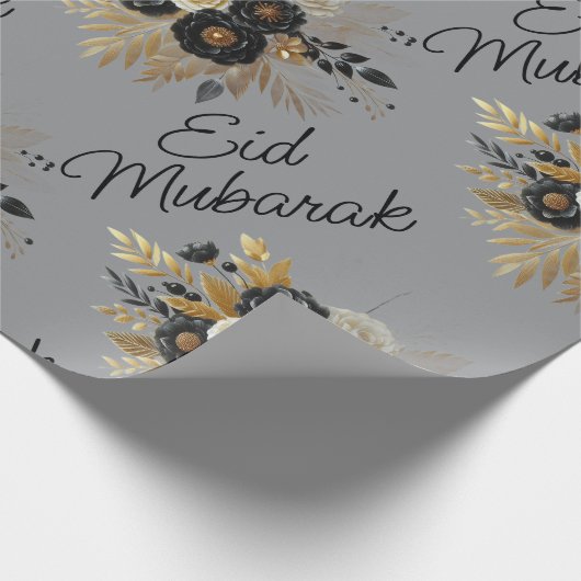 Eid Mubarak Bloemen Zwart Goud Script grijs Cadeaupapier (Hoek)