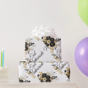 Eid Mubarak Bloemen Zwart Goud Script Kalligrafie Cadeaupapier