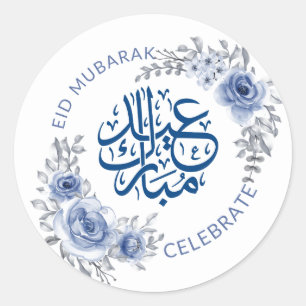 Eid Mubarak Blue Flower WreatSticker Ronde Sticker