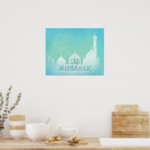 Eid Mubarak Blue Waterverf Mosque - Afdrukken Post Poster (Keuken)